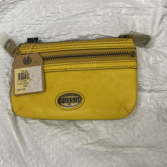 NWT SET FOSSIL EXPLORER CROSSBODY YELLOW LEATHER BAG & COIN PURSE/ID CARD HOLDER - Picture 6 of 7